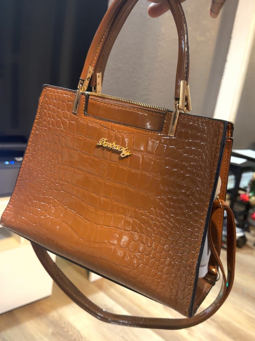 Cognac Faux Croc Patent Leather Top Handle Satchel Bag